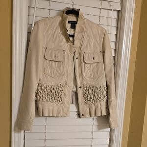 MODA INTERNATIONAL Cream Leather Jacket with Stand-Up Collar and Ruched Detail M